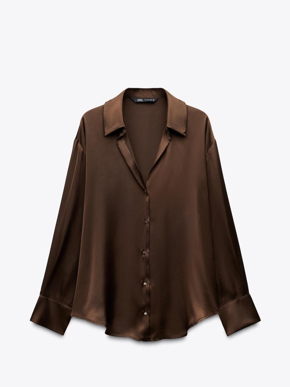Zara Chocolate Brown Satin Button-Down Blouse